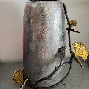 Michael Adam Gingko Butterfly Textured Silver Vase with Gold Accents